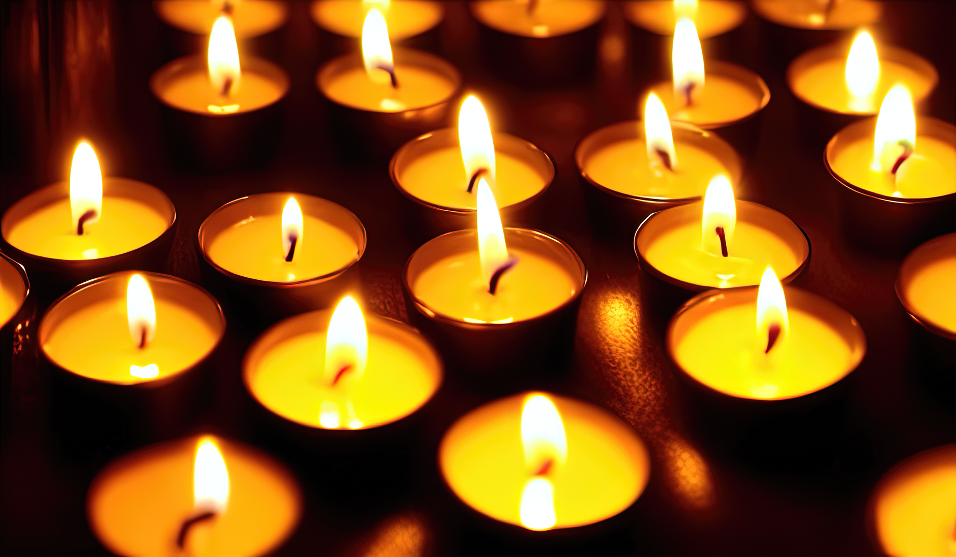 Dozens of memorial candles glowing warmly in the dark